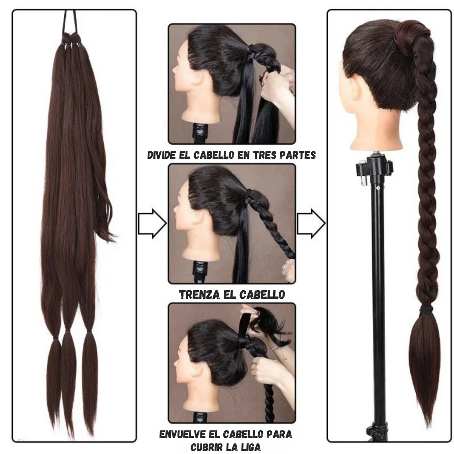 3 EXTENSIÓNES DE CABELLO SINTÉTICO DE COLETA TRENZADA CON ELÁSTICO